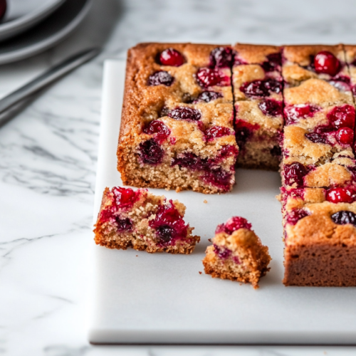 The cooled cake is sliced into neat squares on the white marble cooktop. A plate nearby holds a few pieces, ready to be served and enjoyed.