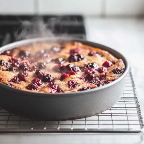 The cake cooling on the white marble cooktop in the pan for 10-15 minutes after baking. The cake has slightly risen and is golden-brown