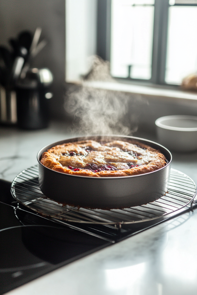 The cake cooling on the white marble cooktop in the pan for 10-15 minutes after baking. The cake has slightly risen and is golden-brown