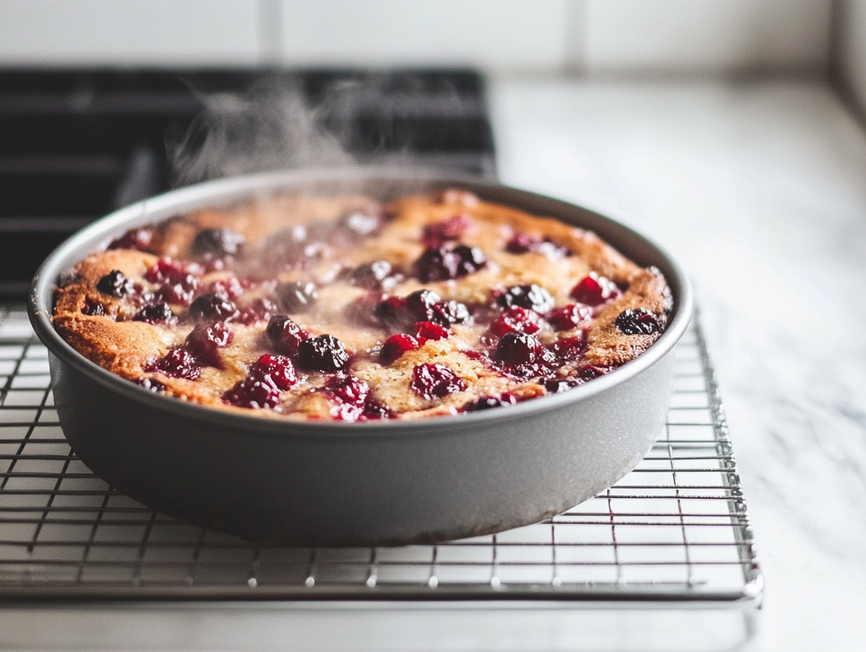 The cake cooling on the white marble cooktop in the pan for 10-15 minutes after baking. The cake has slightly risen and is golden-brown