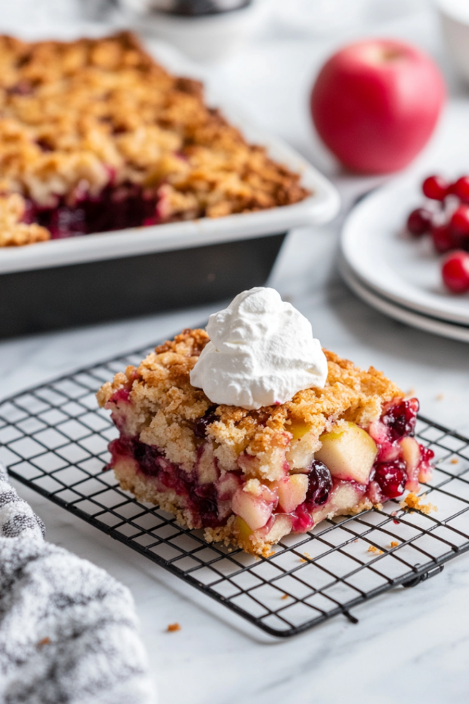 The baked dessert cooling on a wire rack, with the edges lightly golden and bubbly. A plate with a piece of the dessert is ready to be served with a dollop of Cool Whip or a scoop of ice cream