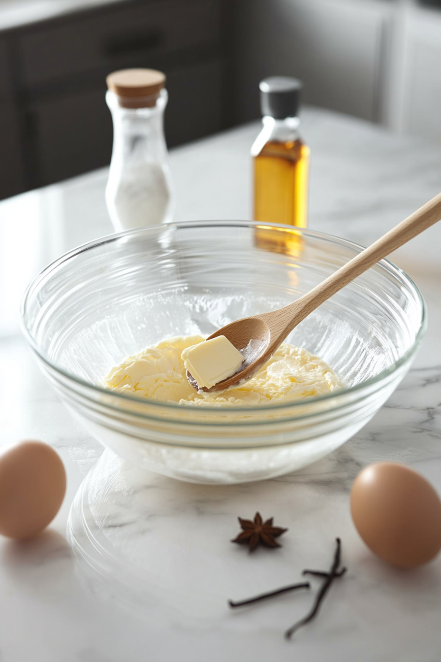 A glass mixing bowl on a white marble cooktop with softened butter and sugar being creamed using a wooden spoon. Surrounding the bowl are eggs and small bottles of vanilla and anise extract.