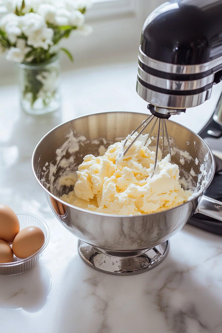 A stand mixer on a white marble cooktop beats softened butter and granulated sugar until fluffy. The mixer’s bowl is full, with the paddle attachment turning, while a measuring cup of eggs and vanilla is placed nearby.