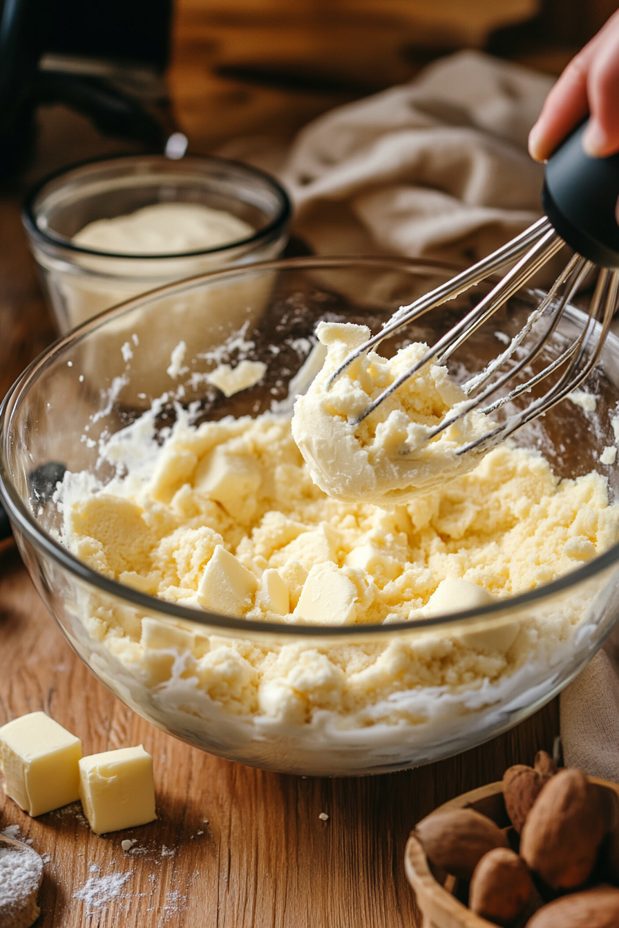 In a separate bowl on the wooden countertop, dry ingredients—flour, hot cocoa mix, salt, baking soda, and baking powder—are being whisked together. A light dusting of cocoa powder clings to the bowl's edges, emphasizing the chocolatey goodness