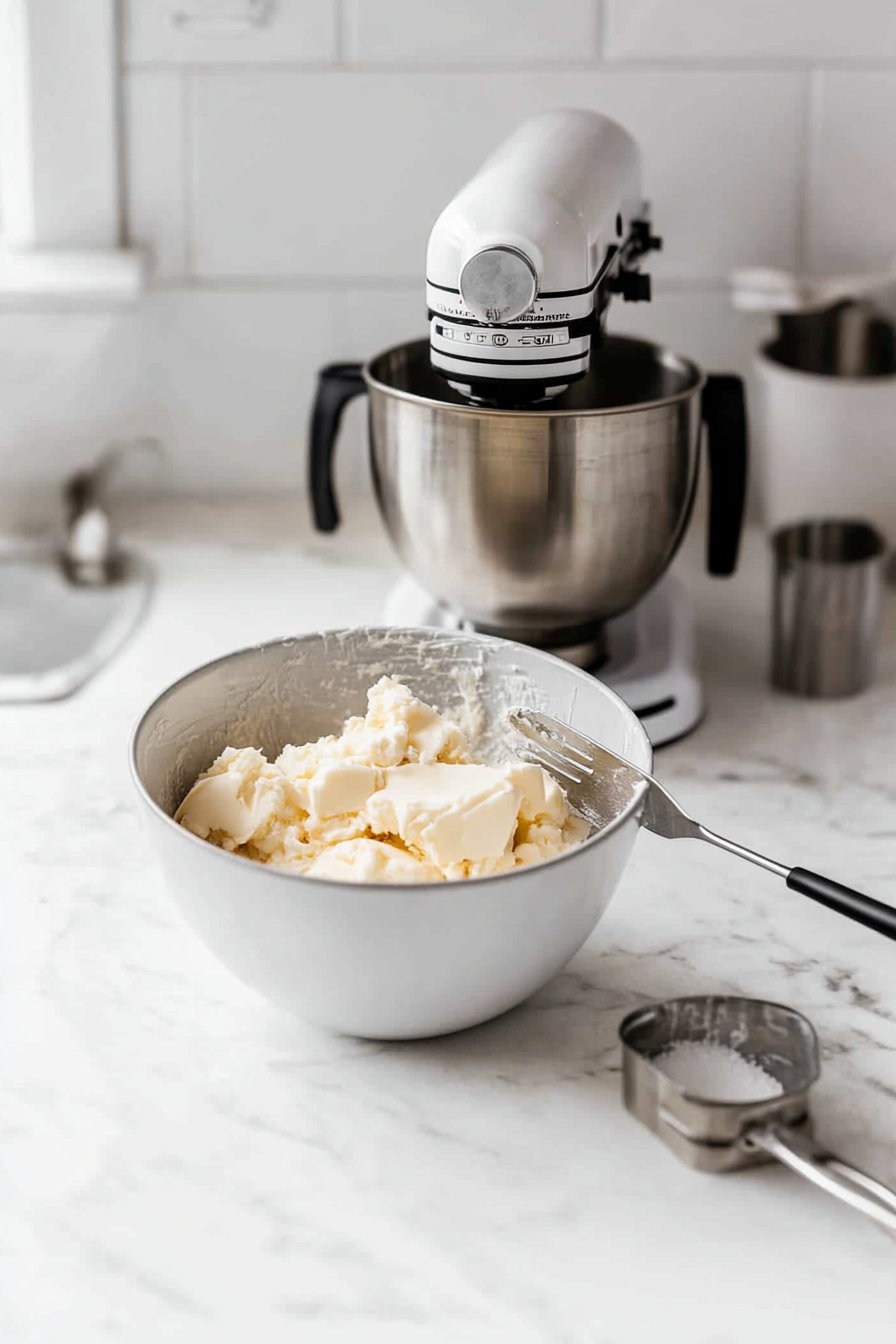 A stand mixer on the white marble cooktop creaming butter, brown sugar, and granulated sugar together until fluffy. A spatula leans against the bowl, with measuring cups nearby