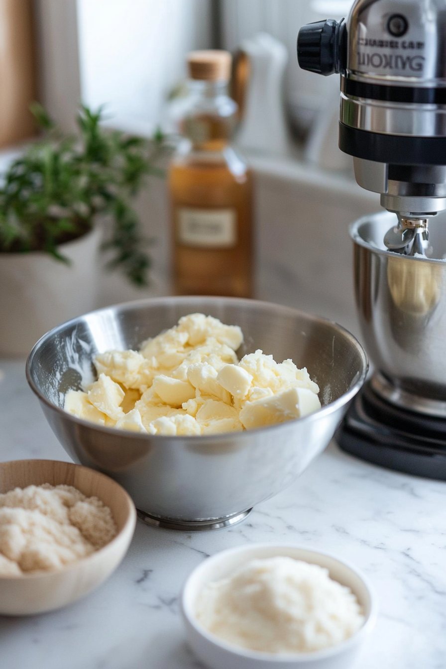 A stand mixer bowl on the white marble cooktop with butter and granulated sugar being creamed to a light, fluffy texture. A bowl of packed light-brown sugar and a bottle of vanilla extract are nearby.