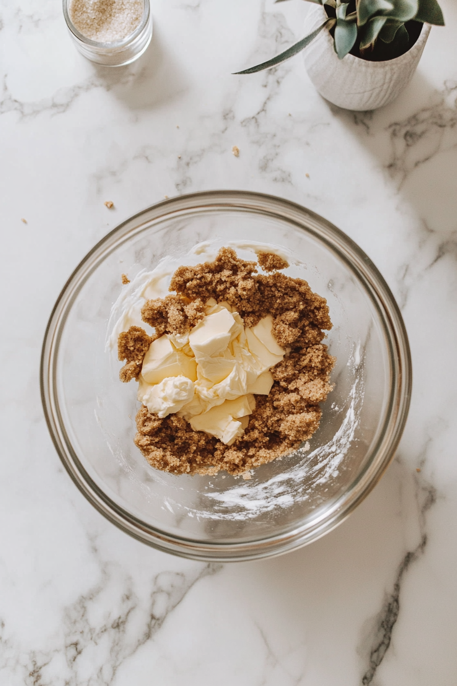 A glass mixing bowl on a white marble cooktop, filled with softened butter, brown sugar, and granulated sugar being creamed together into a light and fluffy texture.