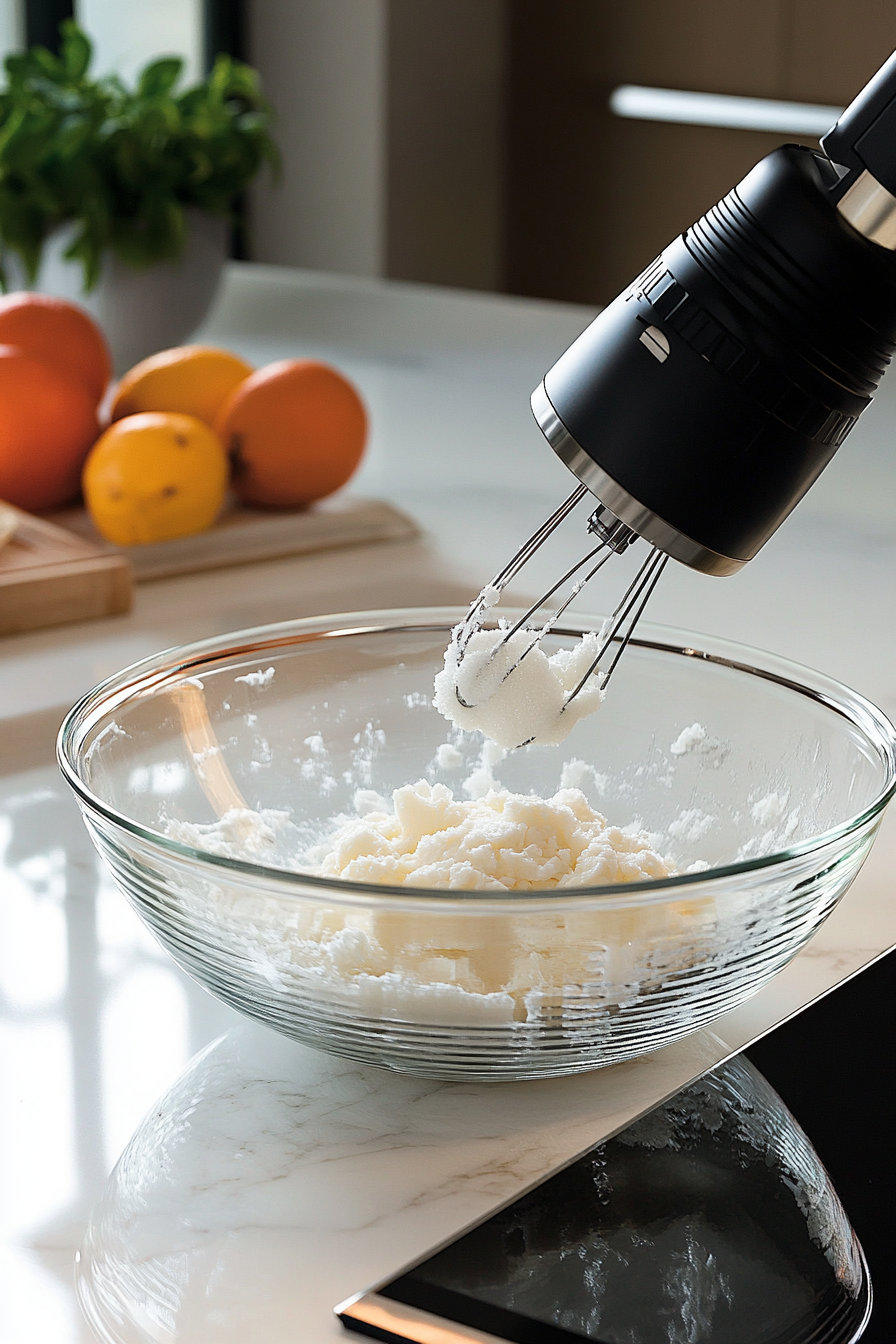 A large glass mixing bowl rests on a white marble cooktop, containing softened butter and white sugar. An electric hand mixer is blending the ingredients into a fluffy and smooth texture