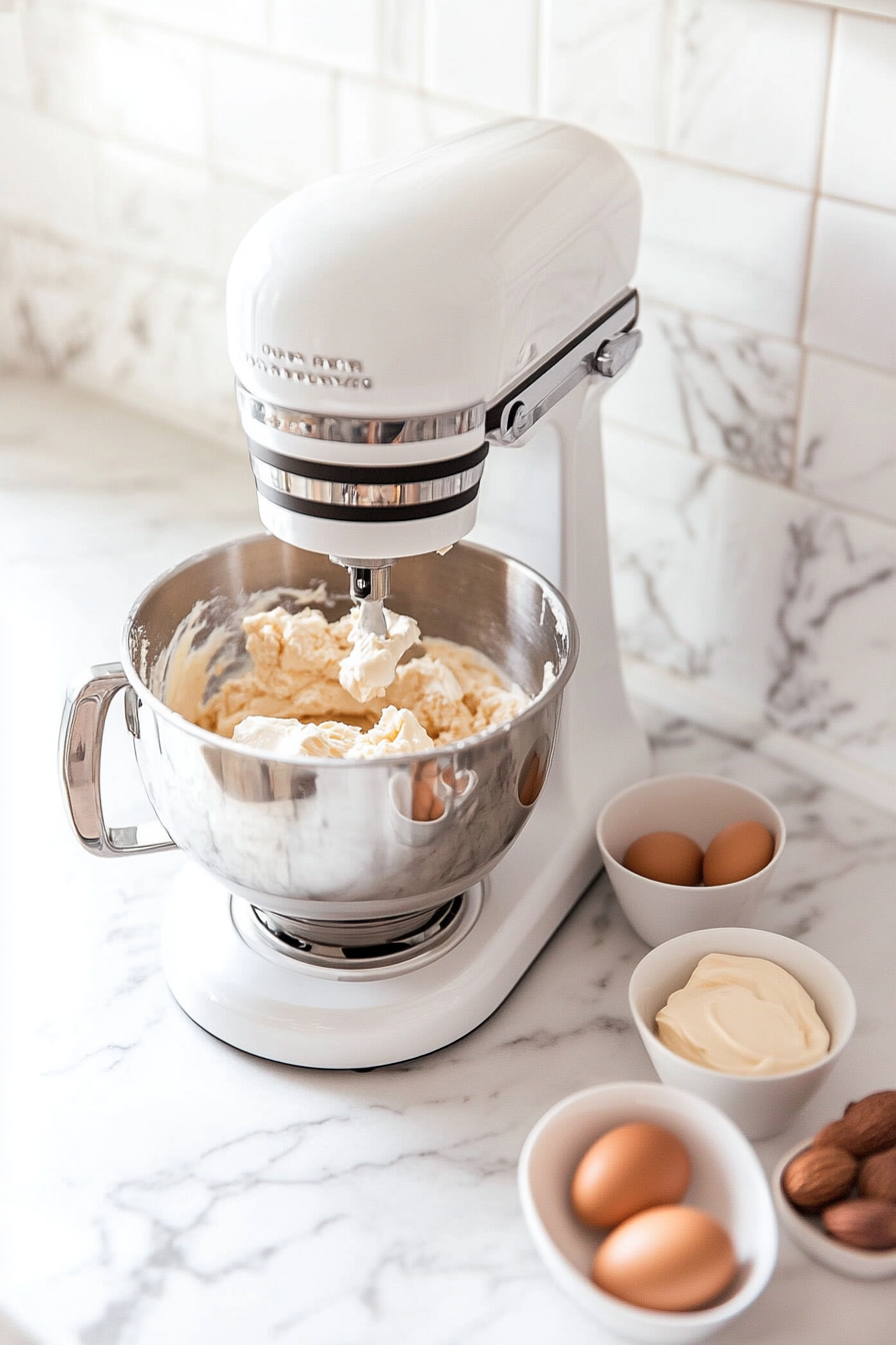 A stand mixer on the white marble cooktop blends butter, white sugar, and brown sugar into a creamy mixture. Nearby, small bowls hold peanut butter, egg, sour cream, and vanilla extract, ready to be added.