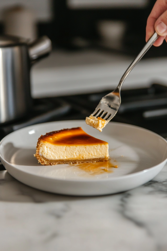 Slice of brûléed cheesecake being plated on a white marble cooktop. The cheesecake has a caramelized top, rich filling, and a perfectly set crust, ready to serve.