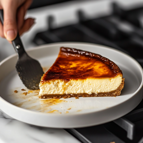 Slice of brûléed cheesecake being plated on a white marble cooktop. The cheesecake has a caramelized top, rich filling, and a perfectly set crust, ready to serve.