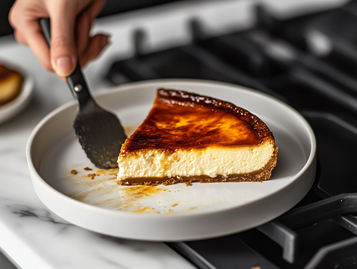 Slice of brûléed cheesecake being plated on a white marble cooktop. The cheesecake has a caramelized top, rich filling, and a perfectly set crust, ready to serve.