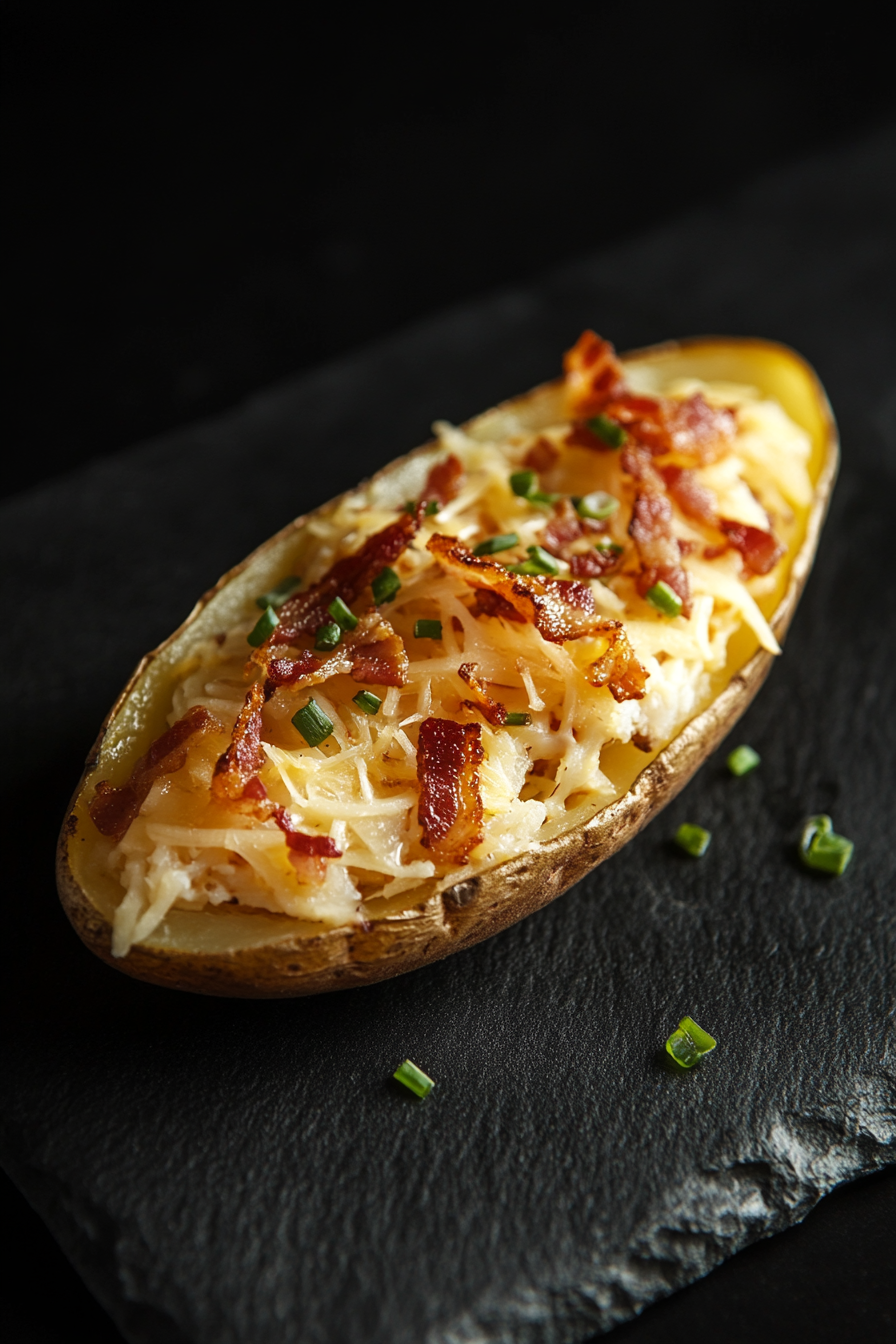 Potato skins topped with shredded cheddar and Monterey Jack cheese, followed by small pieces of crispy bacon. The vibrant toppings contrast beautifully with the golden-brown potato skins.