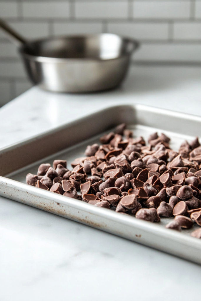 A baking sheet filled with chocolate clusters sits on the white marble countertop, with the clusters slightly glistening as they cool and firm up, ready to be stored