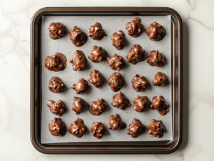 A baking sheet filled with chocolate clusters sits on the white marble countertop, with the clusters slightly glistening as they cool and firm up, ready to be stored