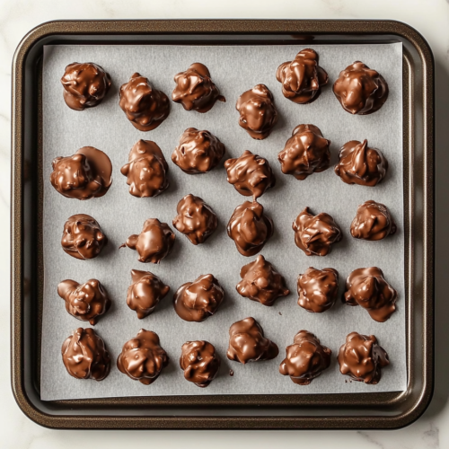 A baking sheet filled with chocolate clusters sits on the white marble countertop, with the clusters slightly glistening as they cool and firm up, ready to be stored