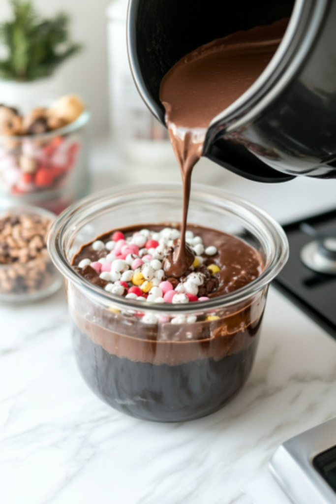 "A steaming mug is filled with rich hot chocolate from the slow cooker, garnished with marshmallows, whipped cream, and a candy cane. The slow cooker remains on the white marble cooktop, surrounded by jars of toppings for customization."