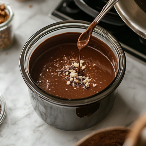 "A steaming mug is filled with rich hot chocolate from the slow cooker, garnished with marshmallows, whipped cream, and a candy cane. The slow cooker remains on the white marble cooktop, surrounded by jars of toppings for customization."