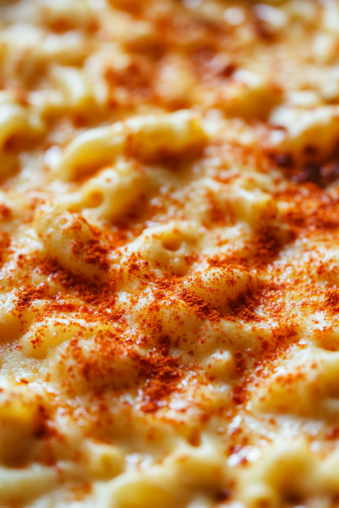 "Close-up of the finished Crockpot Macaroni and Cheese, with a creamy and cheesy texture. The top is beautifully garnished with paprika, showing a rich golden color. The dish is vibrant and appetizing, ready to serve.