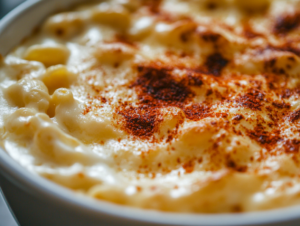 "Close-up of the finished Crockpot Macaroni and Cheese, with a creamy and cheesy texture. The top is beautifully garnished with paprika, showing a rich golden color. The dish is vibrant and appetizing, ready to serve.