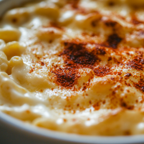 "Close-up of the finished Crockpot Macaroni and Cheese, with a creamy and cheesy texture. The top is beautifully garnished with paprika, showing a rich golden color. The dish is vibrant and appetizing, ready to serve.