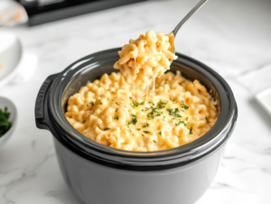 A serving spoon lifting the cheesy macaroni from the slow cooker, placed on the white marble cooktop.