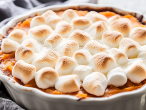 Close-up of the finished Sweet Potato Casserole, with marshmallows soft and puffy on top, slightly golden. The dish looks rich, creamy, and inviting, ready to be served