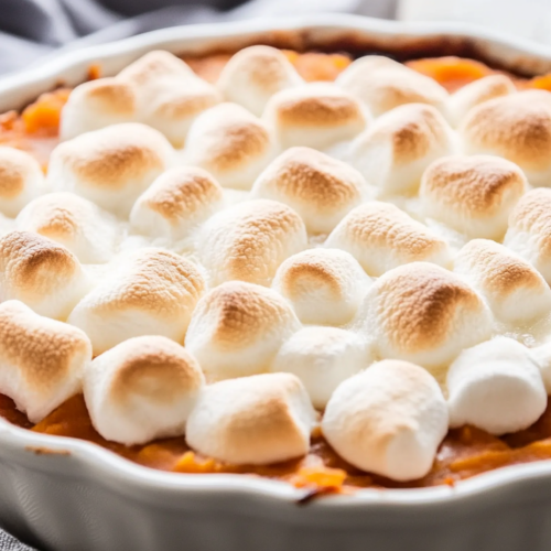 Close-up of the finished Sweet Potato Casserole, with marshmallows soft and puffy on top, slightly golden. The dish looks rich, creamy, and inviting, ready to be served