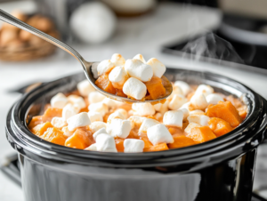 A serving spoon lifting the sweet, comforting dish of sweet potatoes and marshmallows from the slow cooker, placed on the white marble cooktop