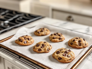 Baked cookies cooling on a parchment-lined baking sheet over the white marble cooktop. Their edges are slightly crisp, and the chocolate chips are soft and gooey. A cooling rack waits nearby.