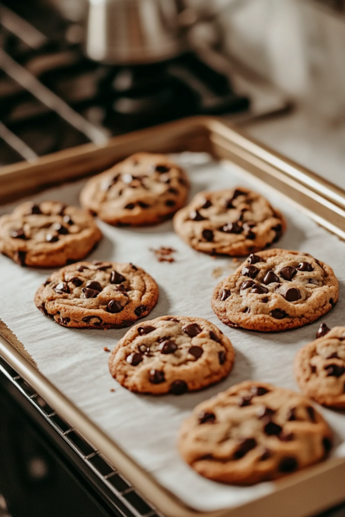 Cookies baking in the oven with melted chocolate chips glistening on top. The white marble cooktop shows the timer set for 10 minutes, and an oven mitt is ready for use.