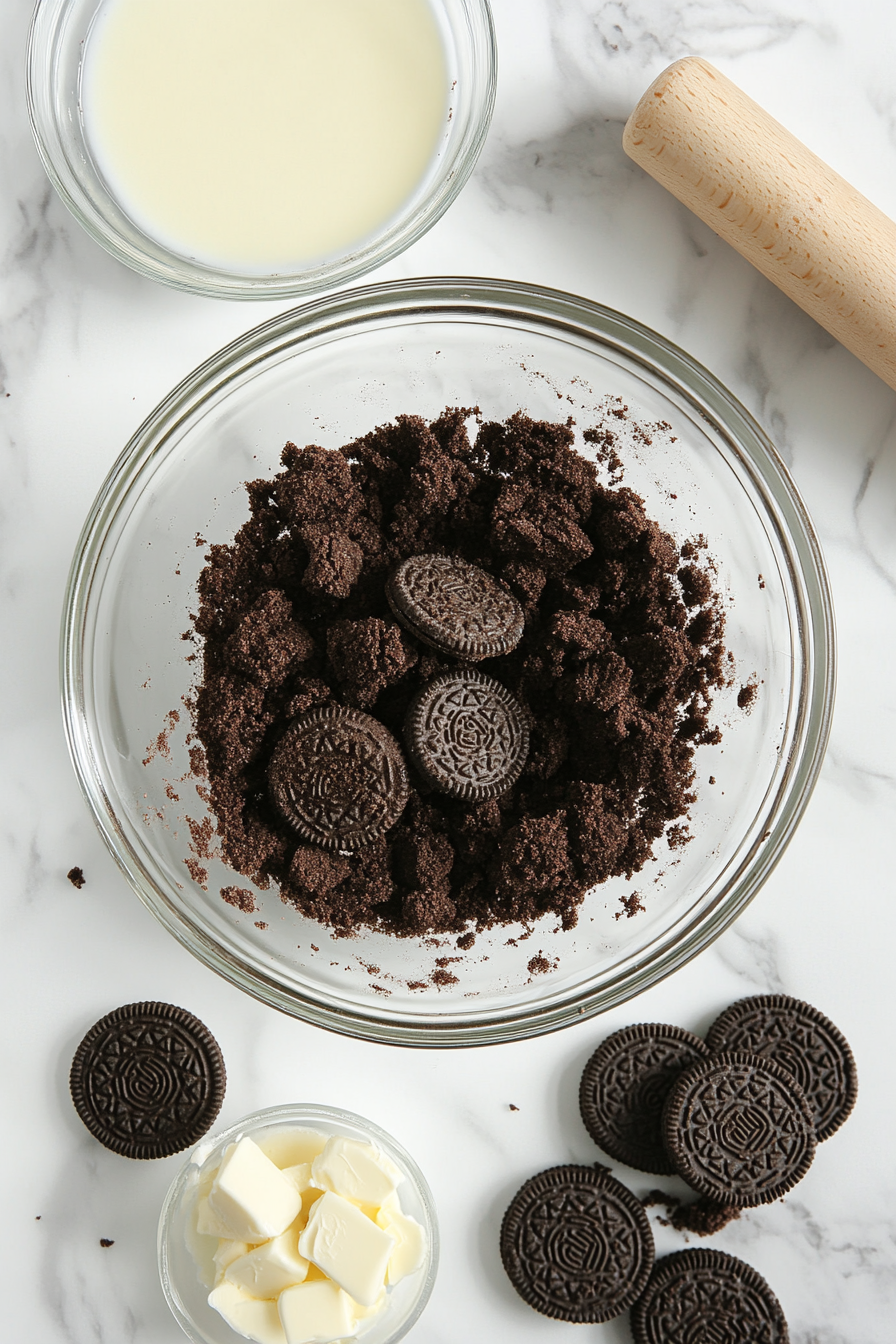 A food processor sits on a white marble cooktop, filled with Golden Oreo cookies being crushed into fine crumbs. Some crumbs have spilled slightly onto the counter, emphasizing the process in action.