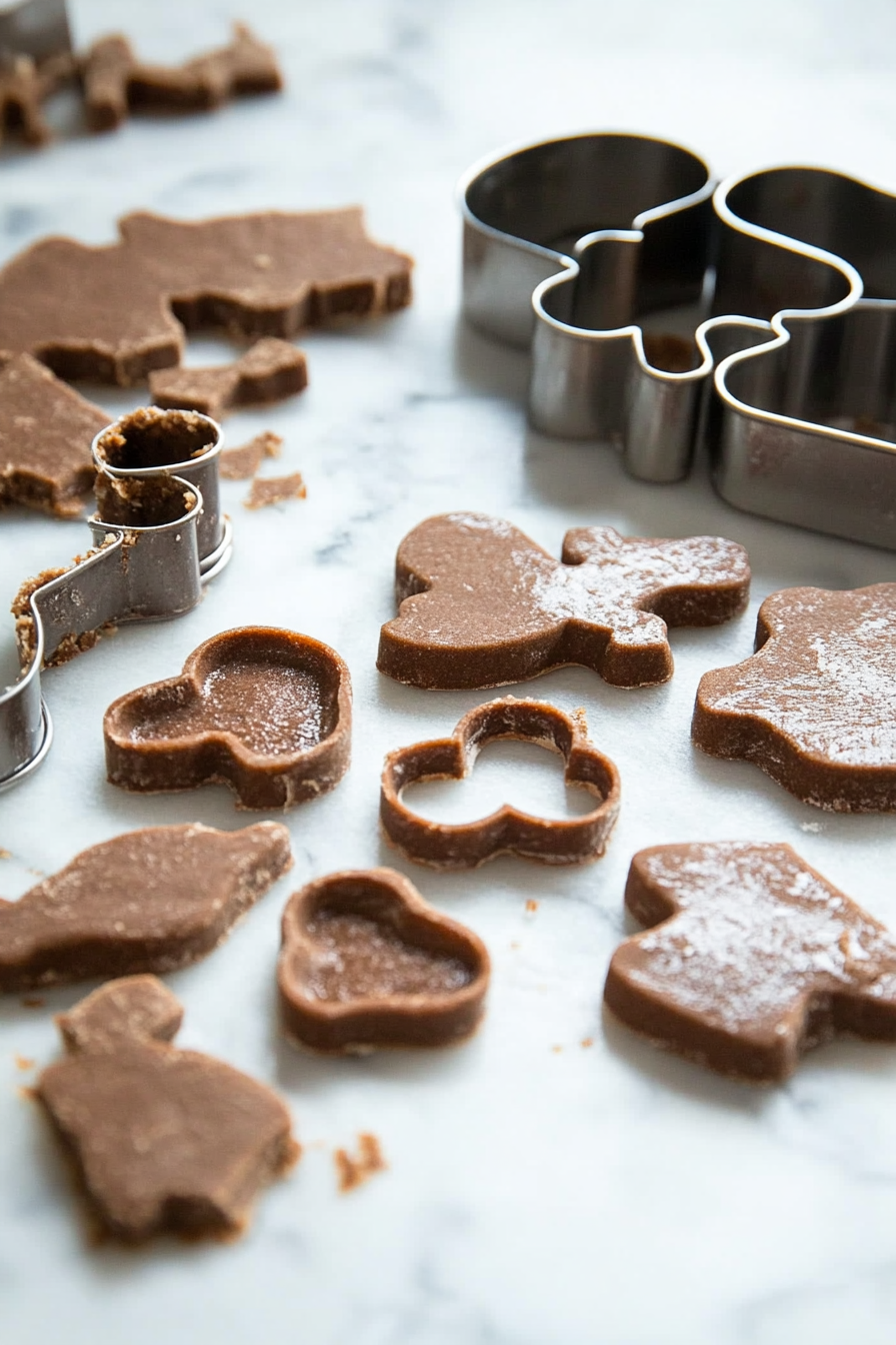 Cookie cutters on the white marble cooktop, cutting out shapes from the chilled dough. The rolled dough is on parchment paper, ready for shaping