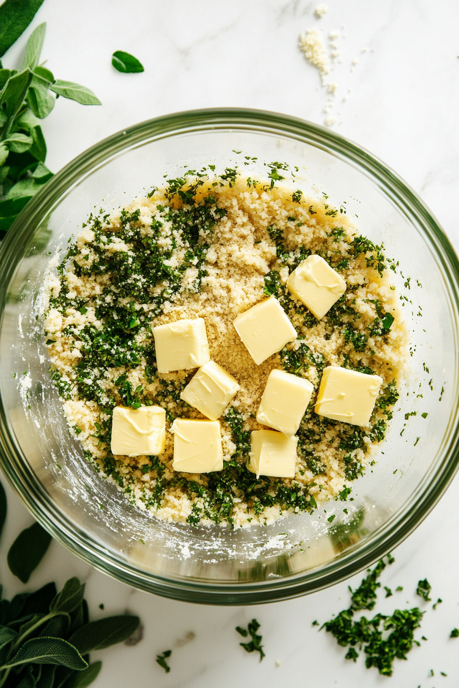 The glass mixing bowl on the white marble cooktop now contains the dry mixture with small cubes of cold salted butter being worked in, creating a crumbly texture. The scene is minimal and focused on the preparation.