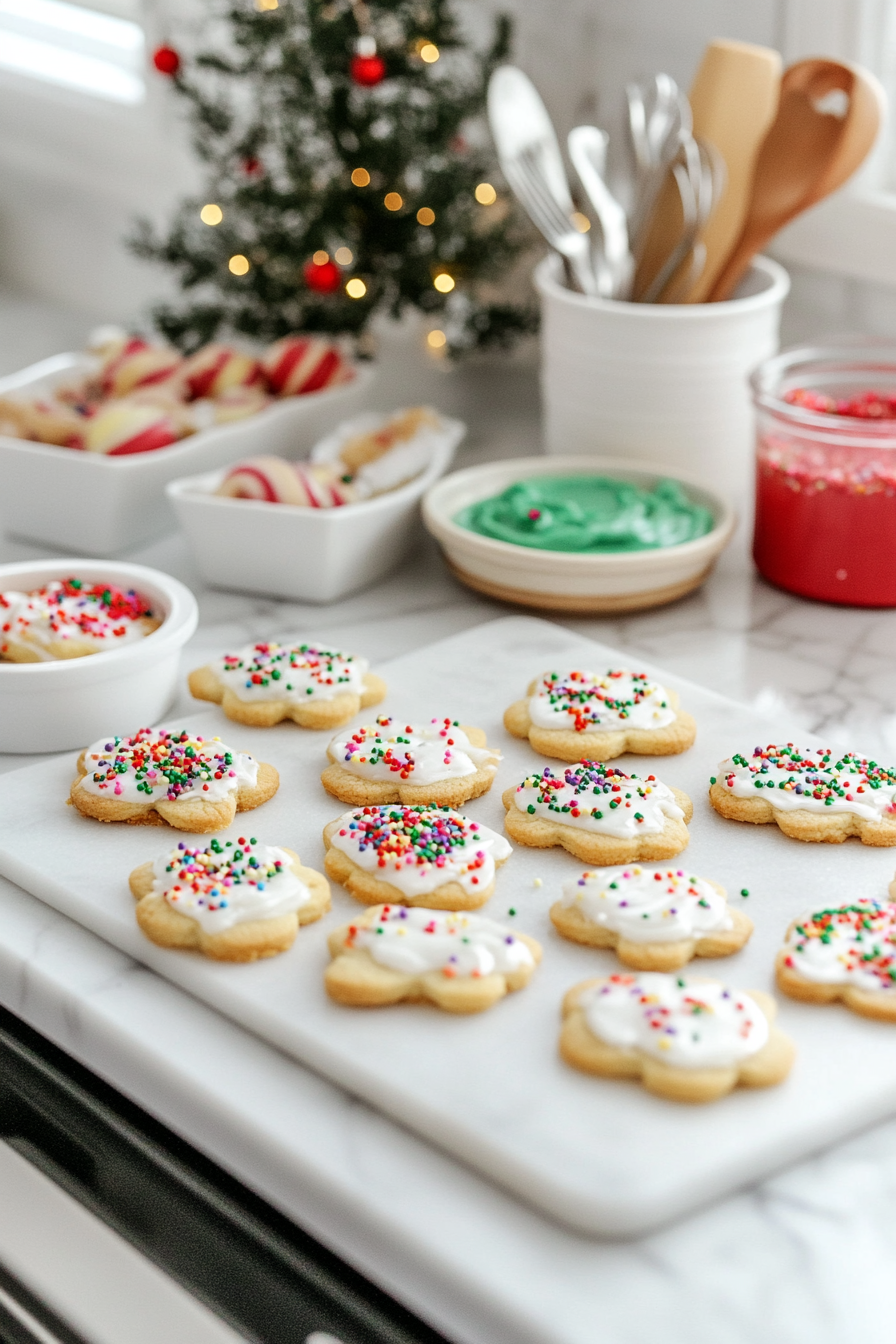 Show the cooled cookies being decorated with colorful royal icing and sprinkles on the white marble cooktop. A piping bag and bowls of icing in festive colors are arranged nearby, adding vibrant energy to the scene