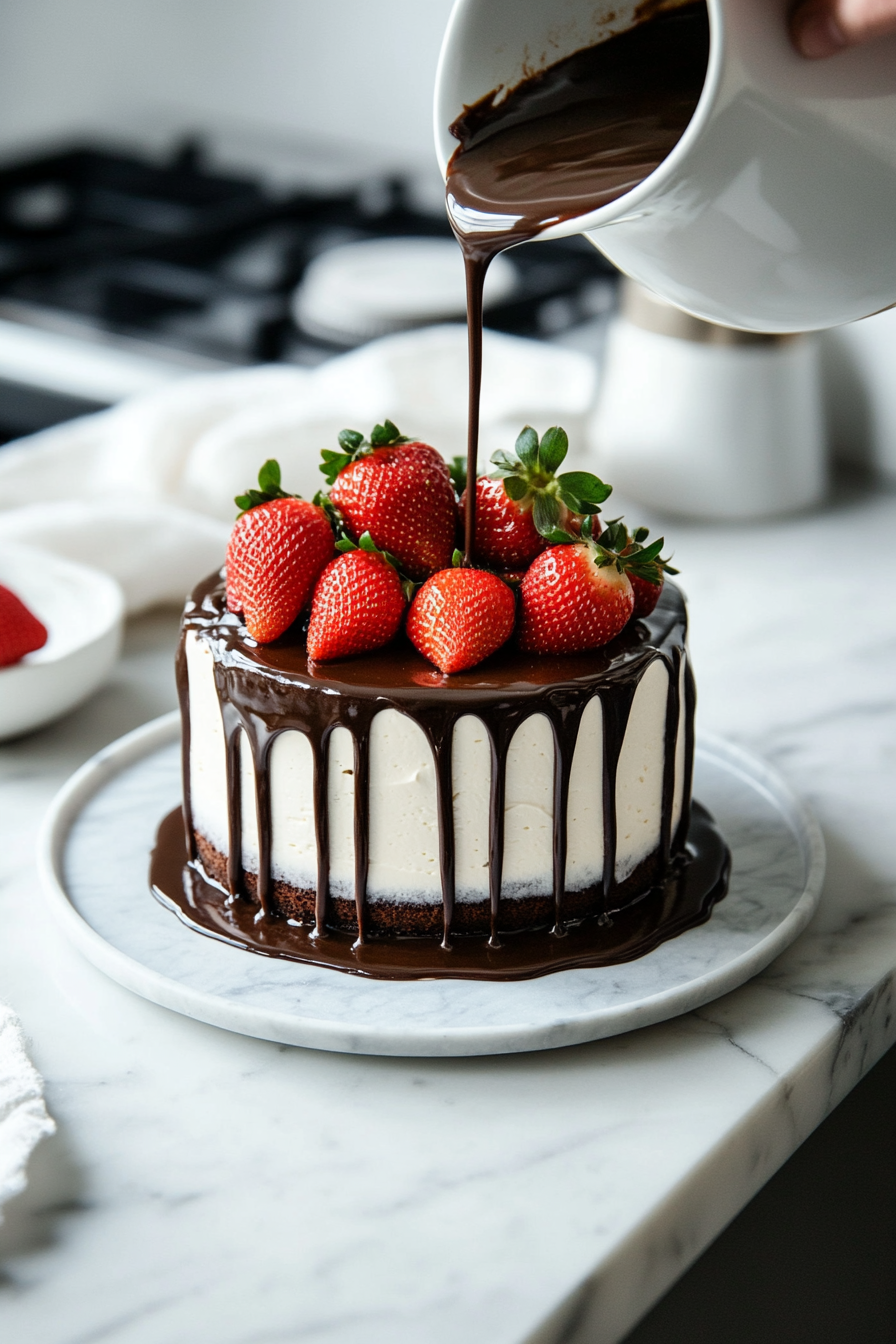 Show the fully frosted cake on a serving plate placed on the white marble cooktop. Ganache is being drizzled over the top, cascading down the sides in elegant drips. Fresh strawberries are arranged decoratively on top as a finishing garnish.