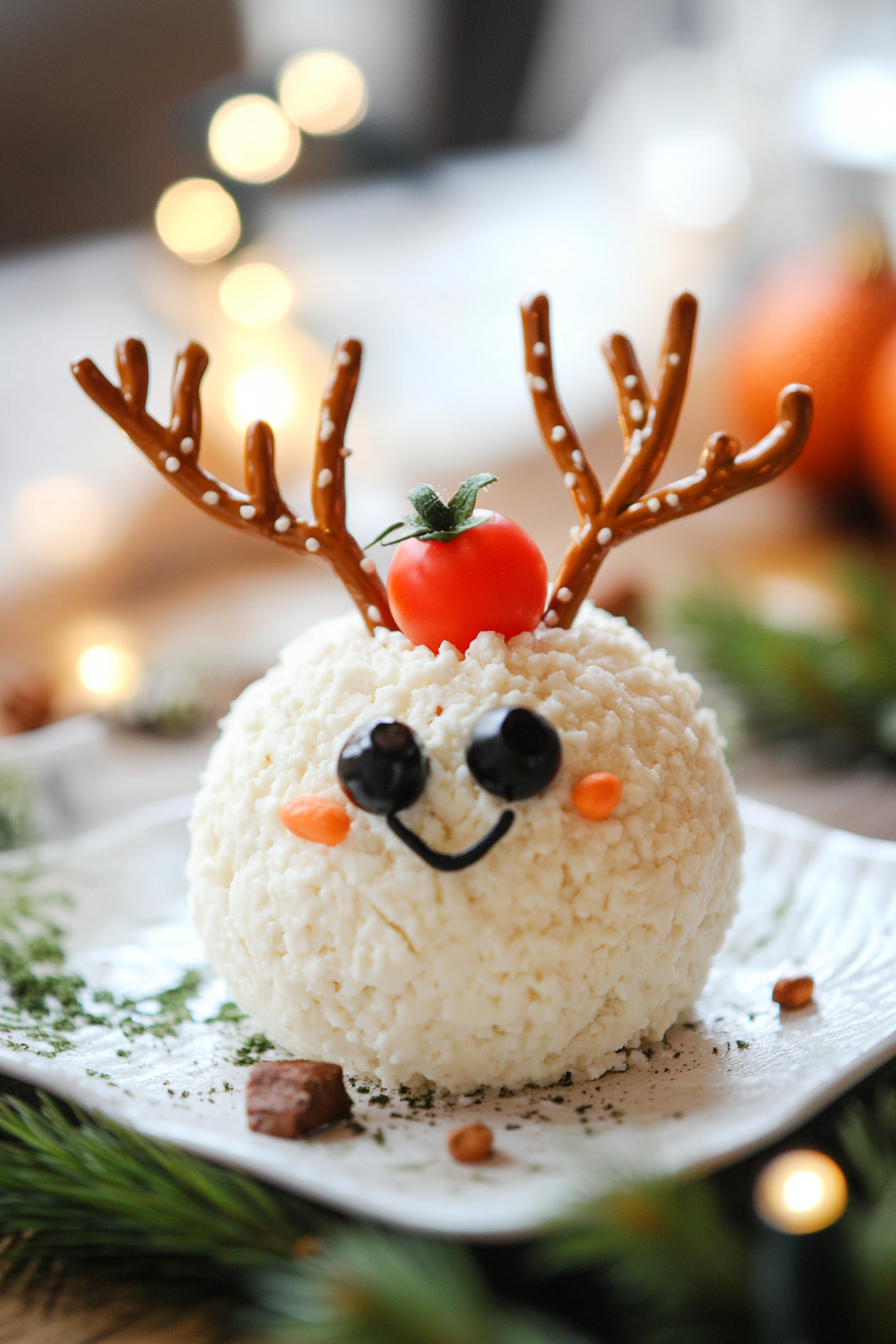 The cheese ball, now shaped like a reindeer, sits on the white marble cooktop. It is decorated with pretzel antlers, black olive eyes, and a cherry tomato nose, secured with toothpicks.