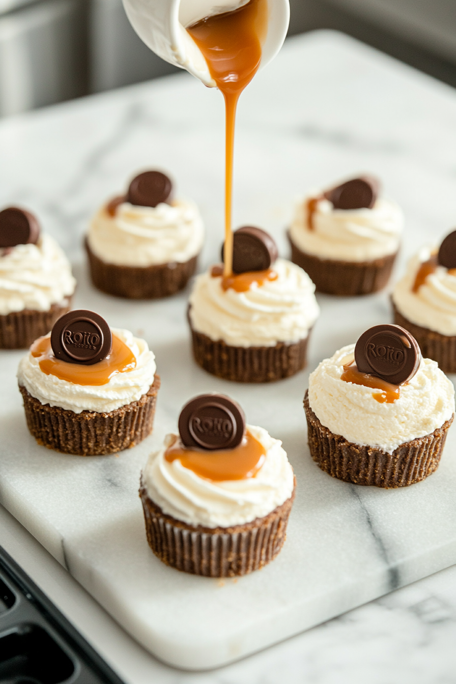 Cooled mini cheesecakes sit on the white marble cooktop as whipped cream is piped onto each one. Caramel and chocolate sauces are drizzled over the top, and halved Rolos are added as finishing touches.