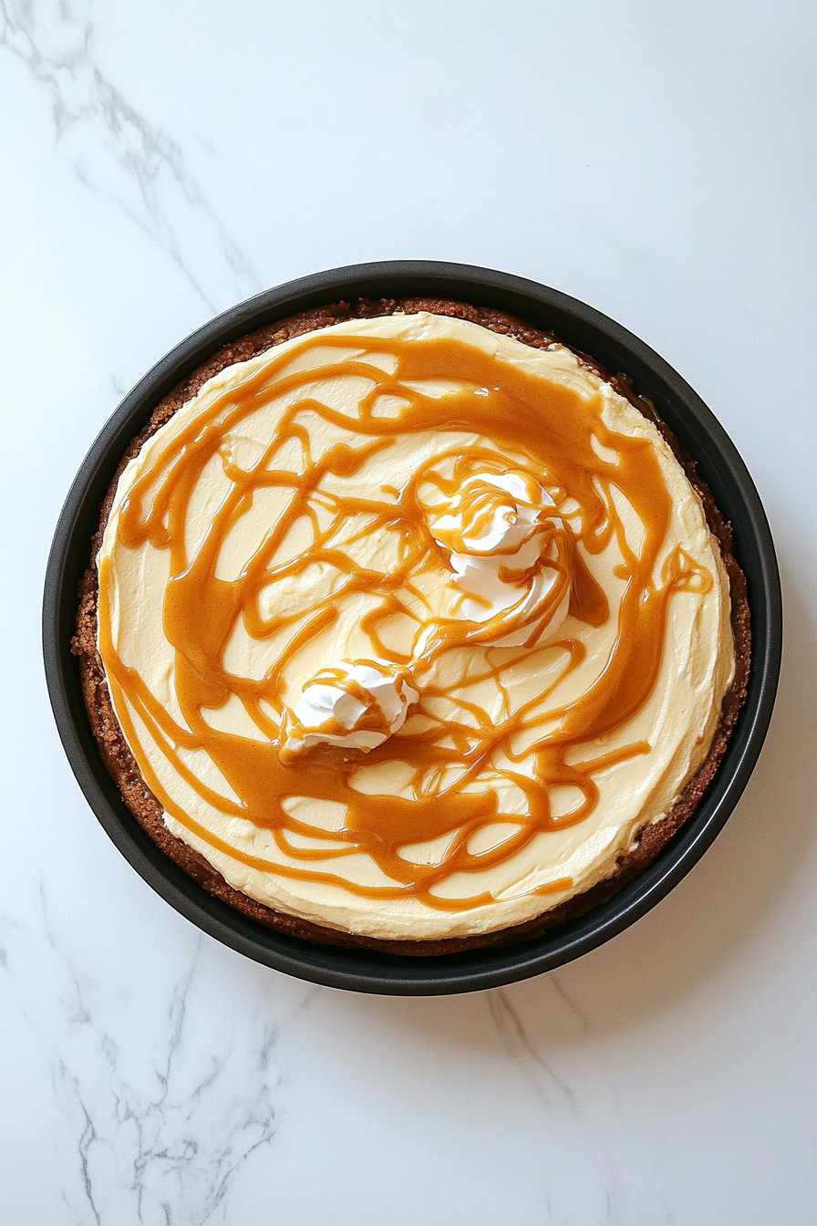 The chilled cheesecake is removed from the springform pan and sits on the white marble cooktop. It is topped with swirls of cool whip and drizzled with golden butterscotch sauce, achieving an elegant presentation.