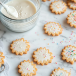 Figure 8 cookies being dipped into white icing in a glass bowl on a white marble cooktop. Nearby, iced cookies dry on wax paper or a wire rack, with colorful sprinkles scattered around.