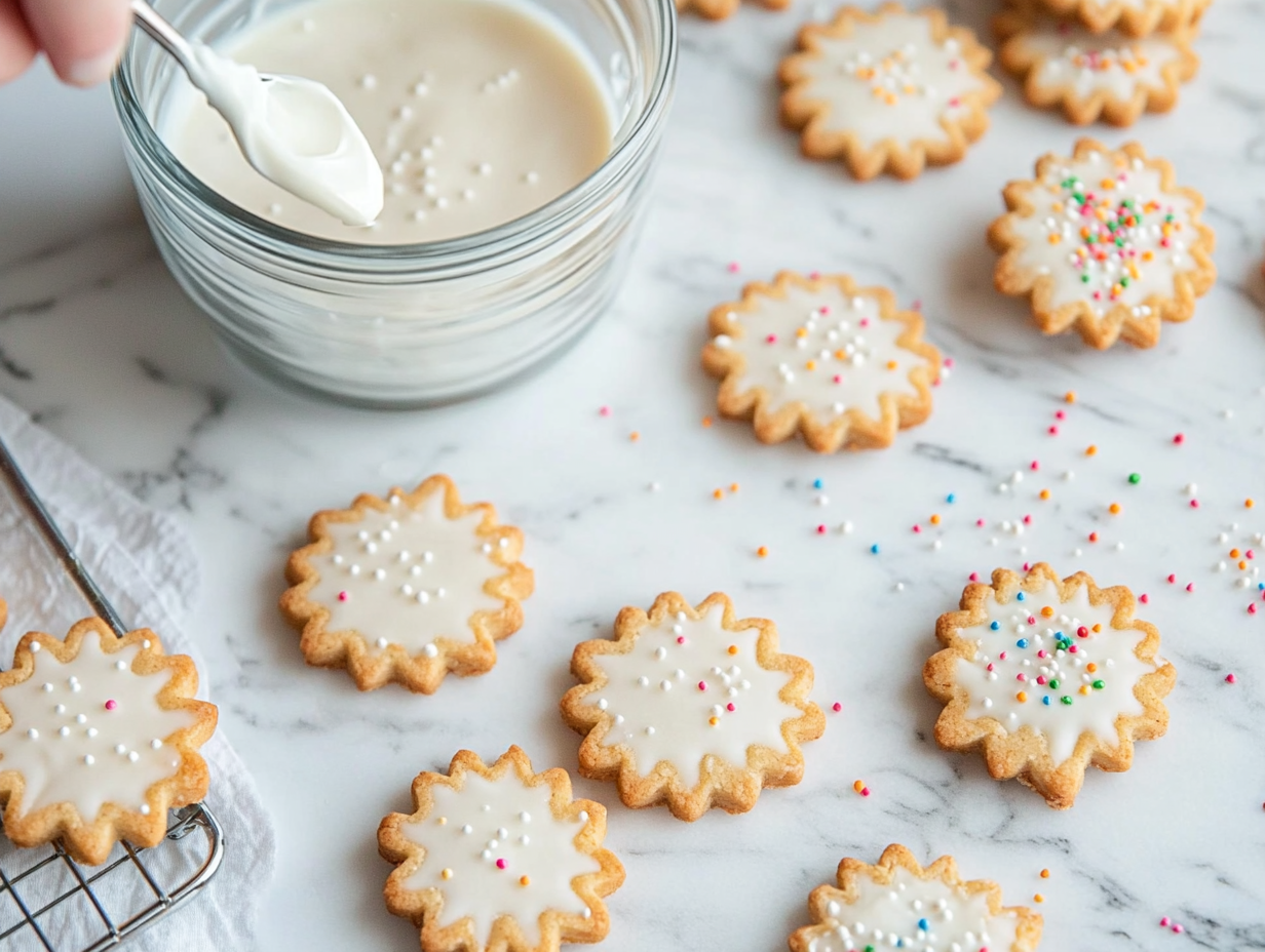 Figure 8 cookies being dipped into white icing in a glass bowl on a white marble cooktop. Nearby, iced cookies dry on wax paper or a wire rack, with colorful sprinkles scattered around.