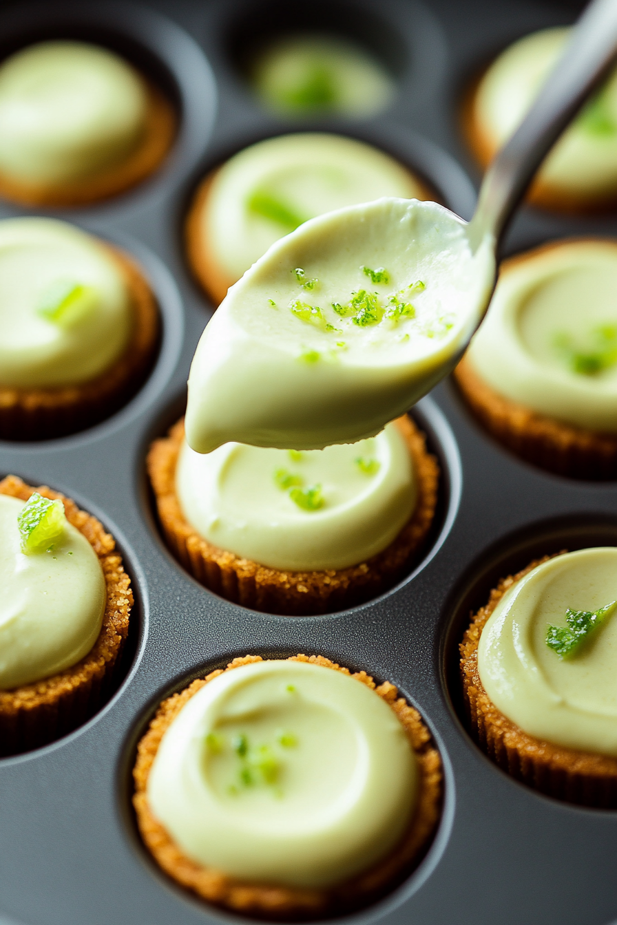 The creamy cheesecake filling is carefully spooned into each cavity of the mini cheesecake pan, filling the graham cracker crust evenly. The smooth and fluffy filling, with a vibrant green color from the lime zest and food dye, is placed into the pan, ready for baking.