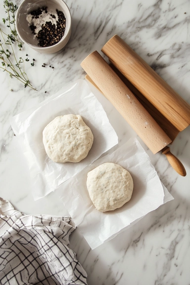 Show the dough divided into two portions on the white marble cooktop. Each portion is being rolled out between sheets of parchment paper to a 1/4-inch thickness. A rolling pin and neatly placed parchment papers help shape the dough.