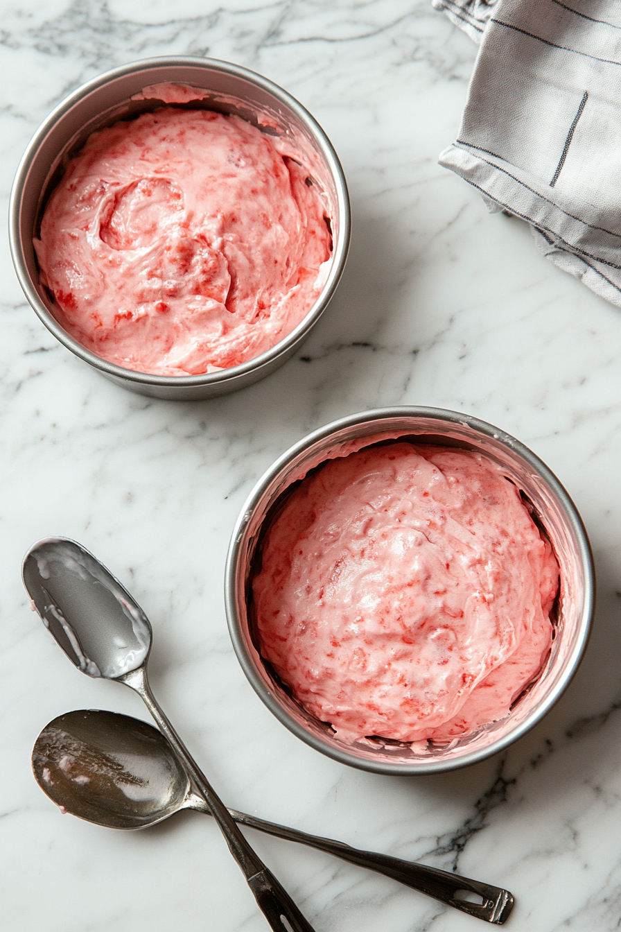 The batter is being divided evenly between two 8-inch round cake pans on a white marble cooktop. A large spoon and spatula sit nearby, ensuring the batter is evenly spread out.