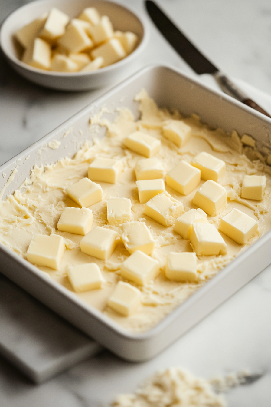 Small cubes of butter being scattered evenly across the top of the cake mix, creating a buttery layer