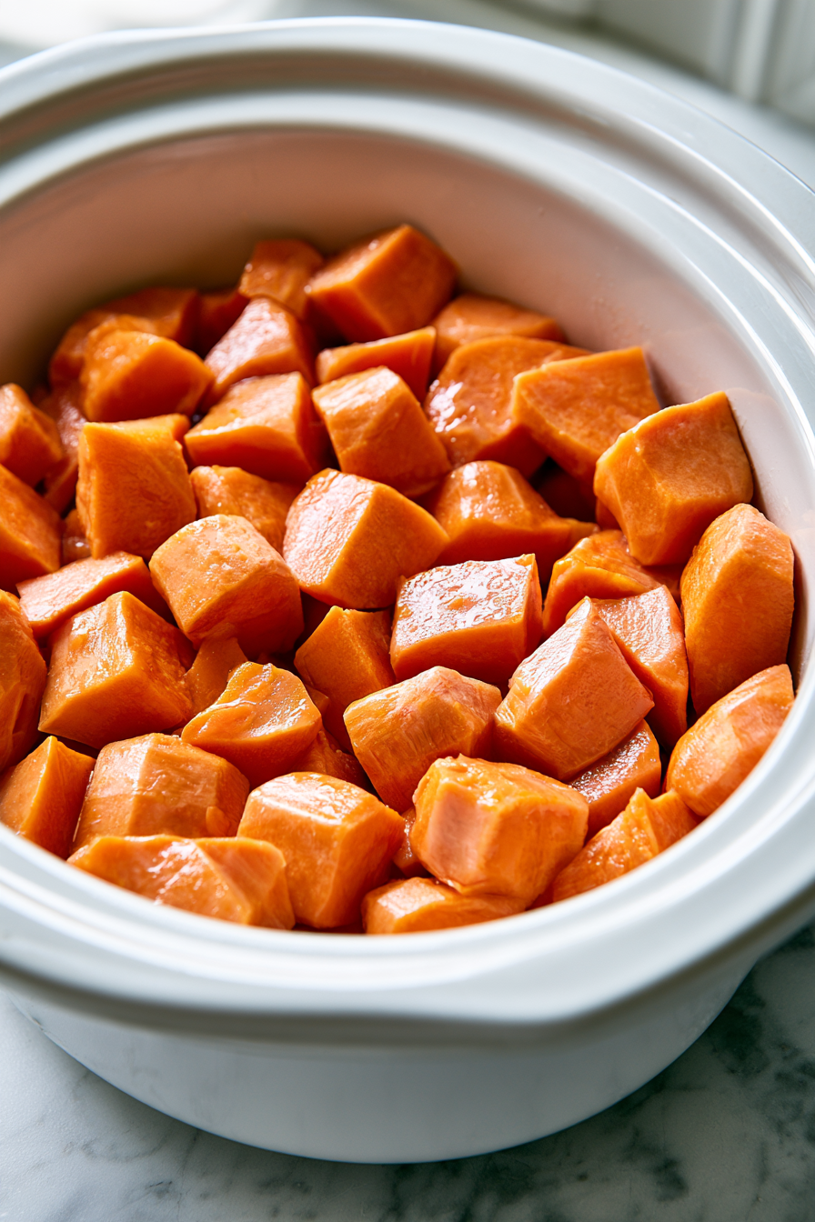 Drain the sweet potatoes and place them into the slow cooker