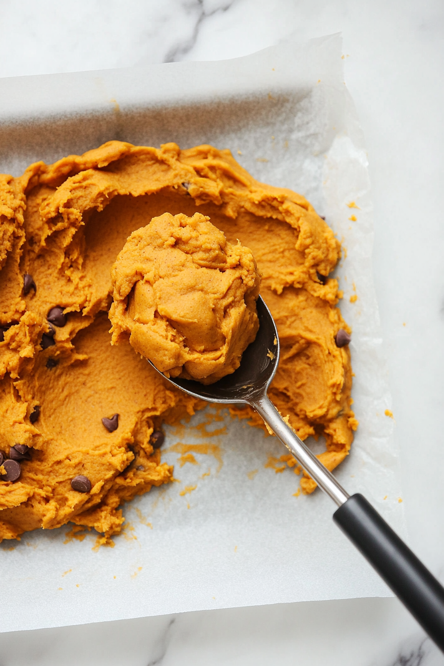 A spoon or cookie scoop on the white marble cooktop, dropping large spoonfuls of dough onto a prepared baking sheet with some dough already in neat portions on the parchment paper.