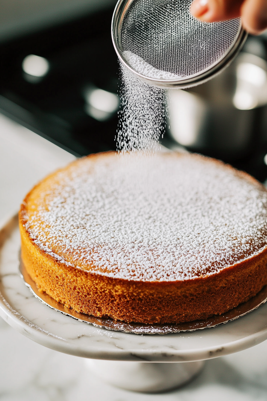 A finished cake on a serving platter as powdered sugar is being dusted over its golden surface. A small sieve and powdered sugar bowl sit on the white marble cooktop.