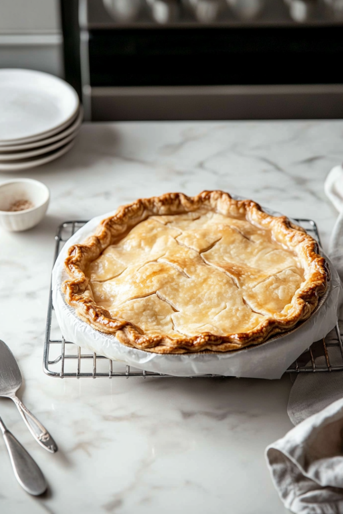 The baked pie, still wrapped in parchment, cools on a wire rack placed over the white marble cooktop. Steam escapes gently from the warm pie, showcasing its golden and crisp top. Nearby, a plate and serving utensils await to slice and serve the freshly baked dessert.