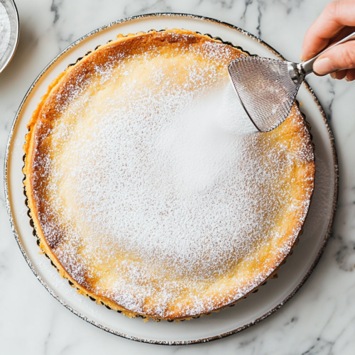 A finished cake on a serving platter as powdered sugar is being dusted over its golden surface. A small sieve and powdered sugar bowl sit on the white marble cooktop.